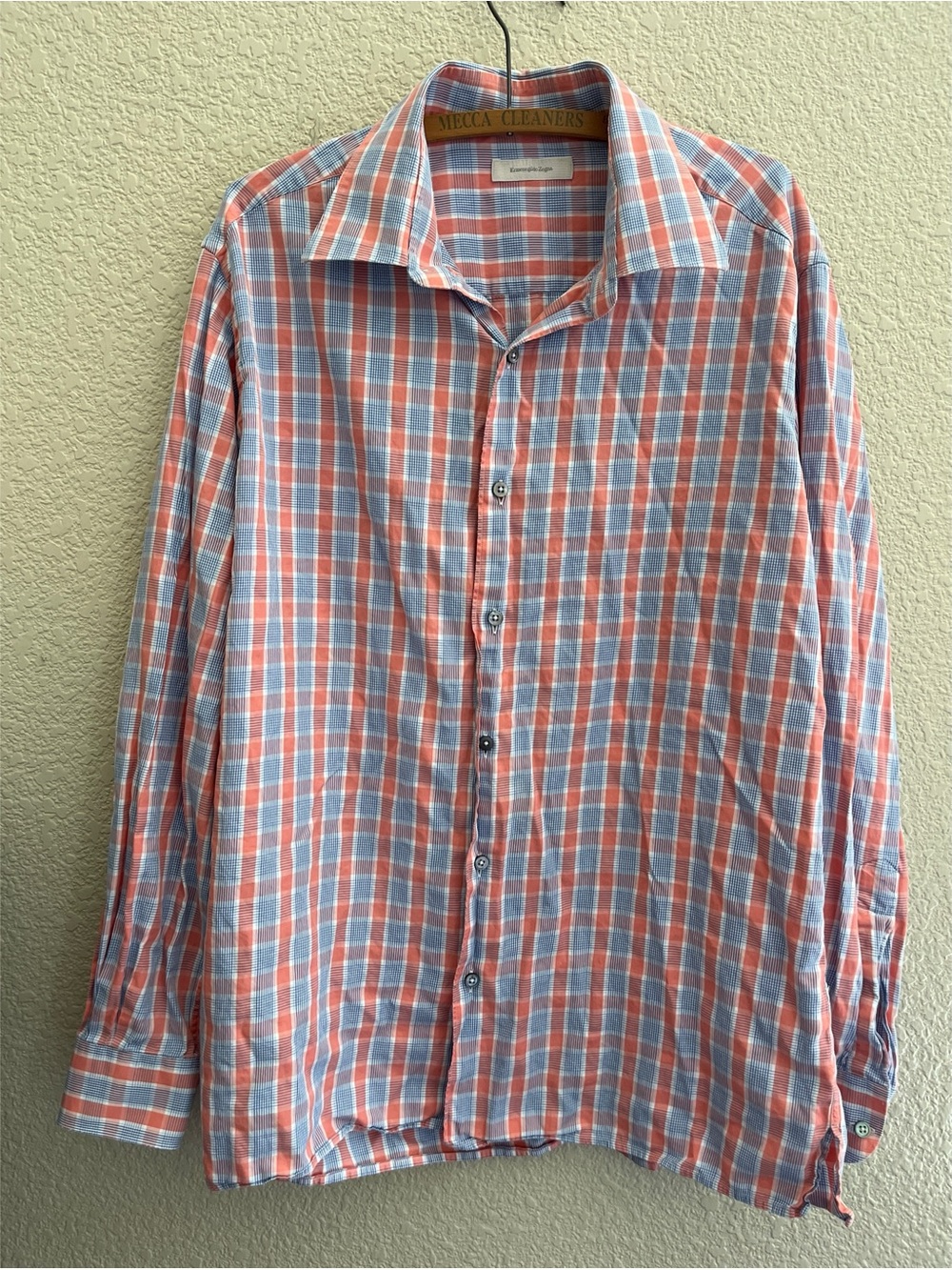 Ermenegildo Zegna Blue & Salmon Plaid Cotton Button Down Men’s Size XL